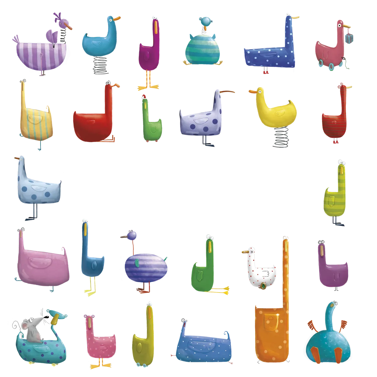 A flock of brightly patterned toy ducks