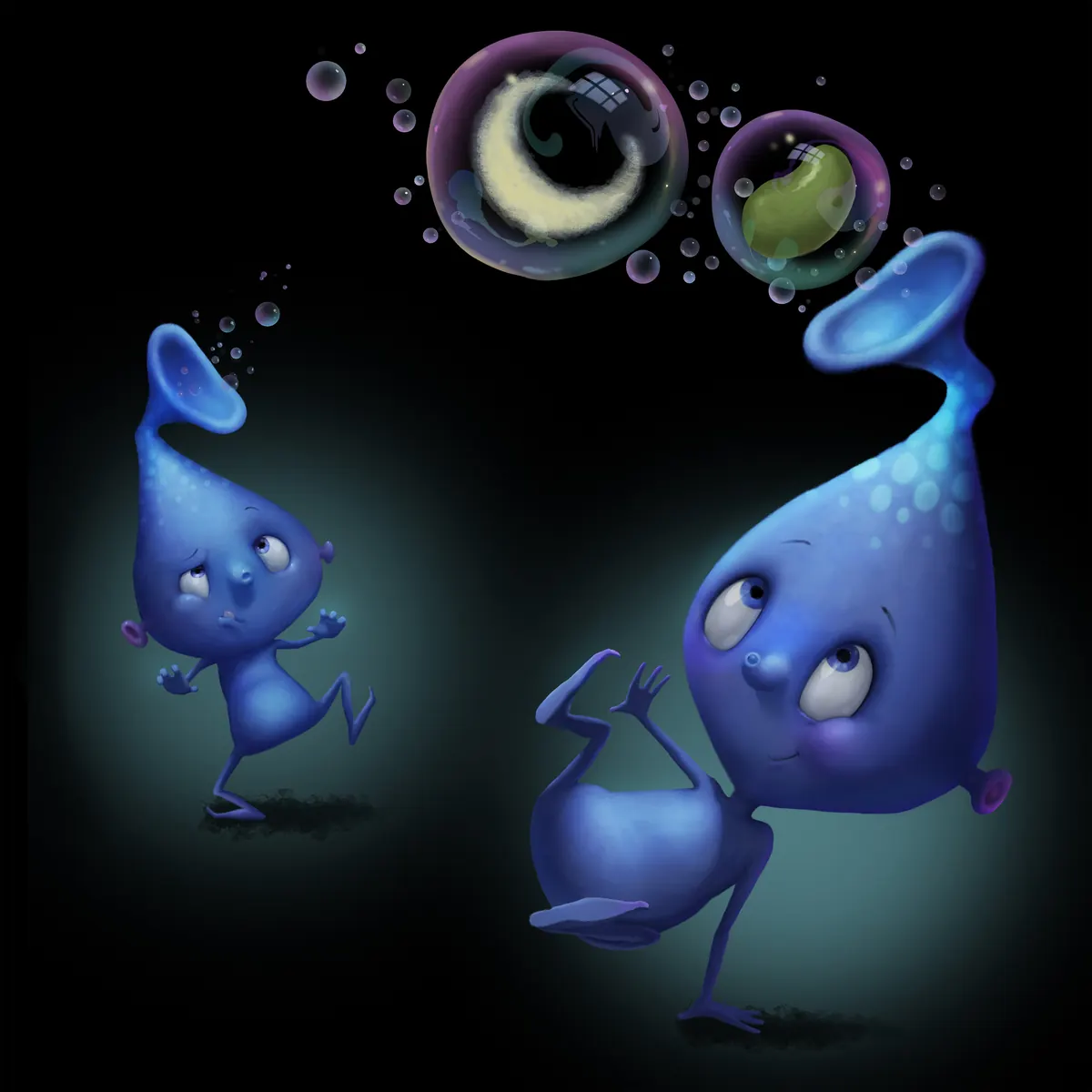 Two Moonbeans with bubbles showing the moon