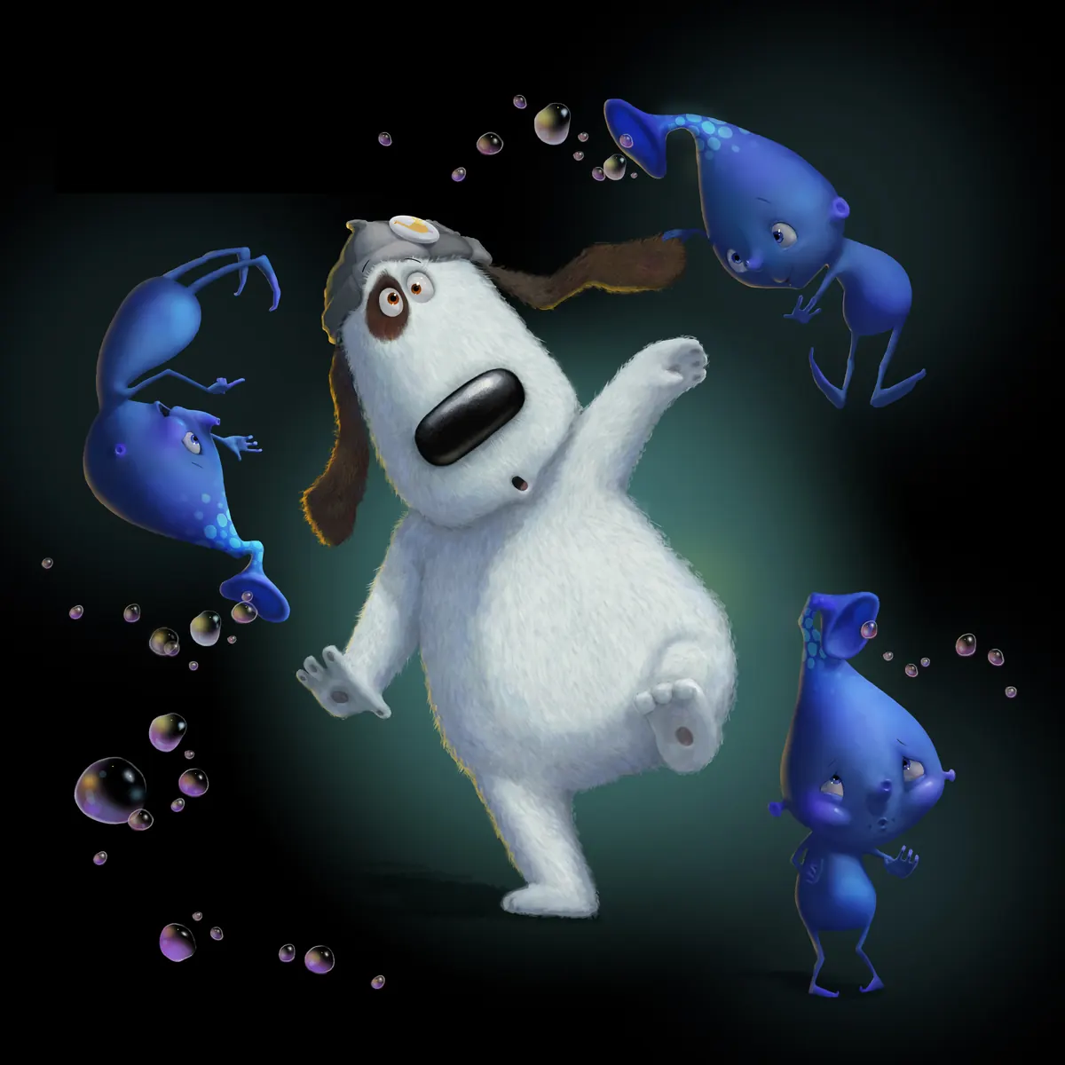 Max dancing with three Moonbeans and bubbles