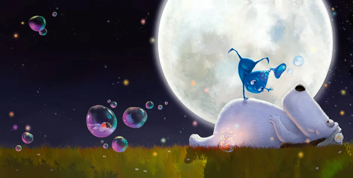 Max lying in the grass under a full moon as Moonbean dances on his nose
