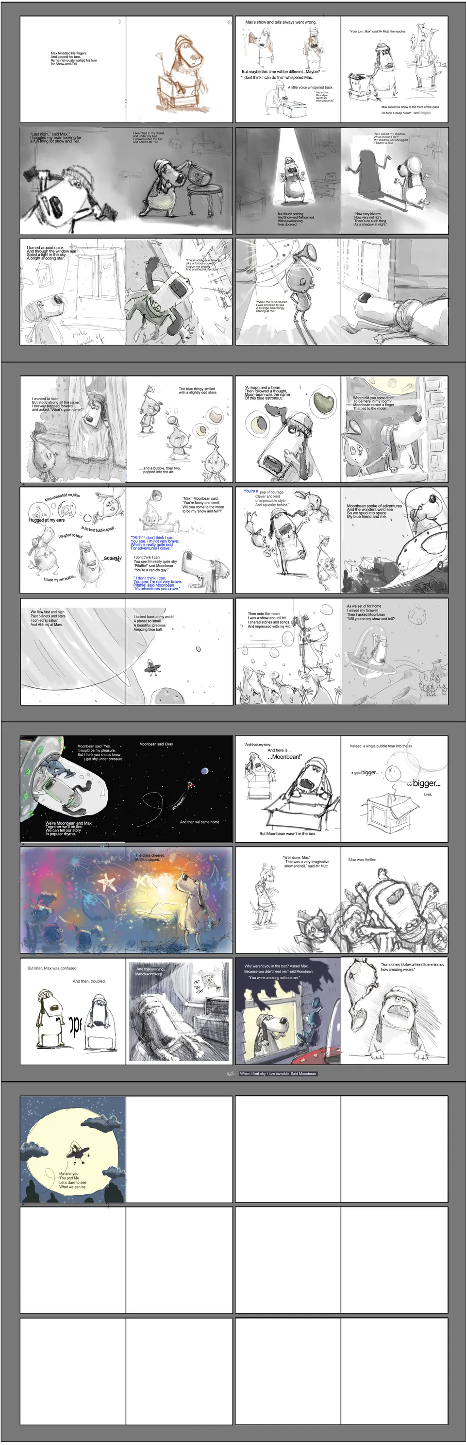 The full pencil storyboard draft of Max and Moonbean