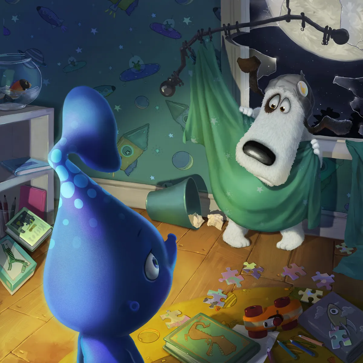 Moonbean in Max's messy bedroom while Max hides under a sheet