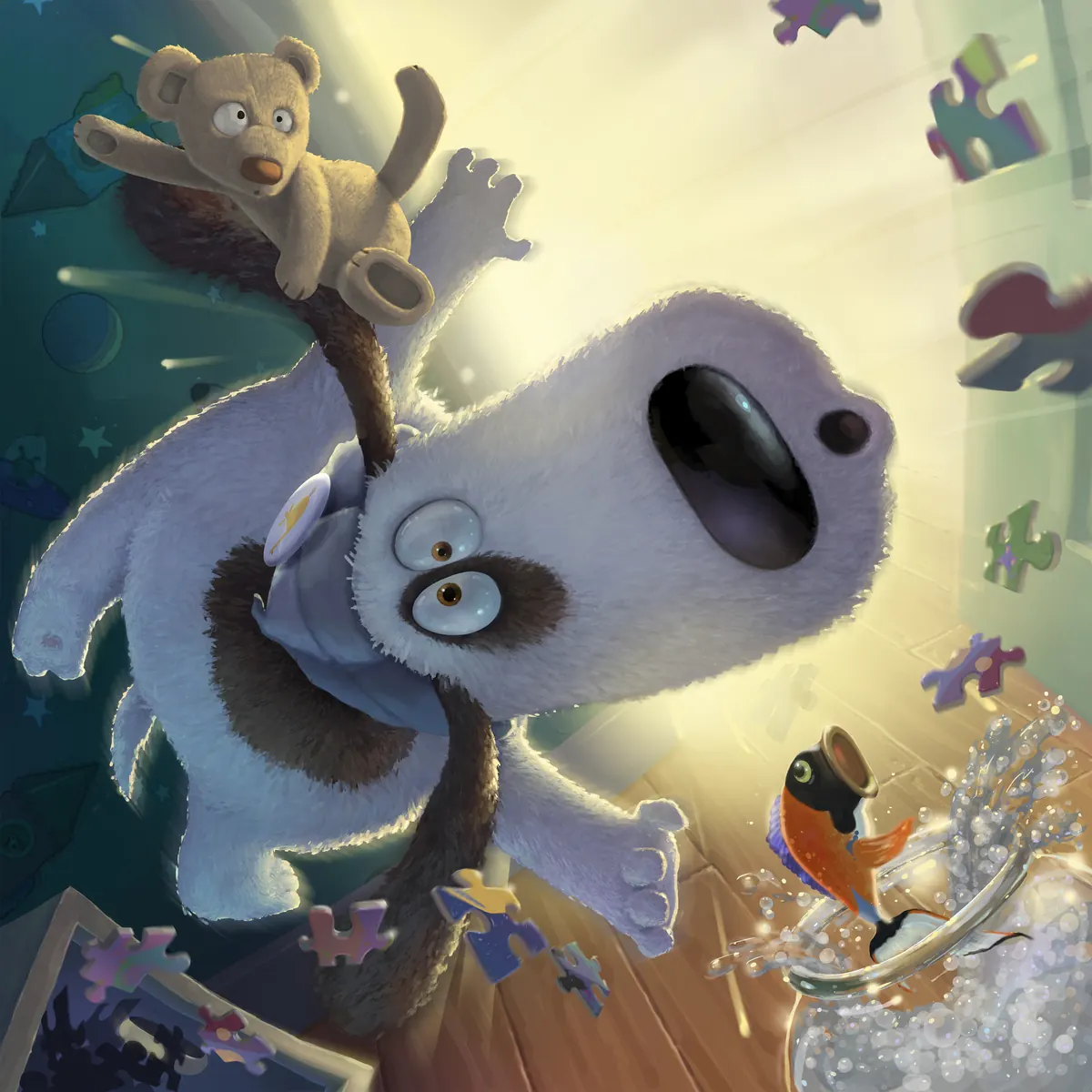 Max and his teddy tumbling through a burst of starlight