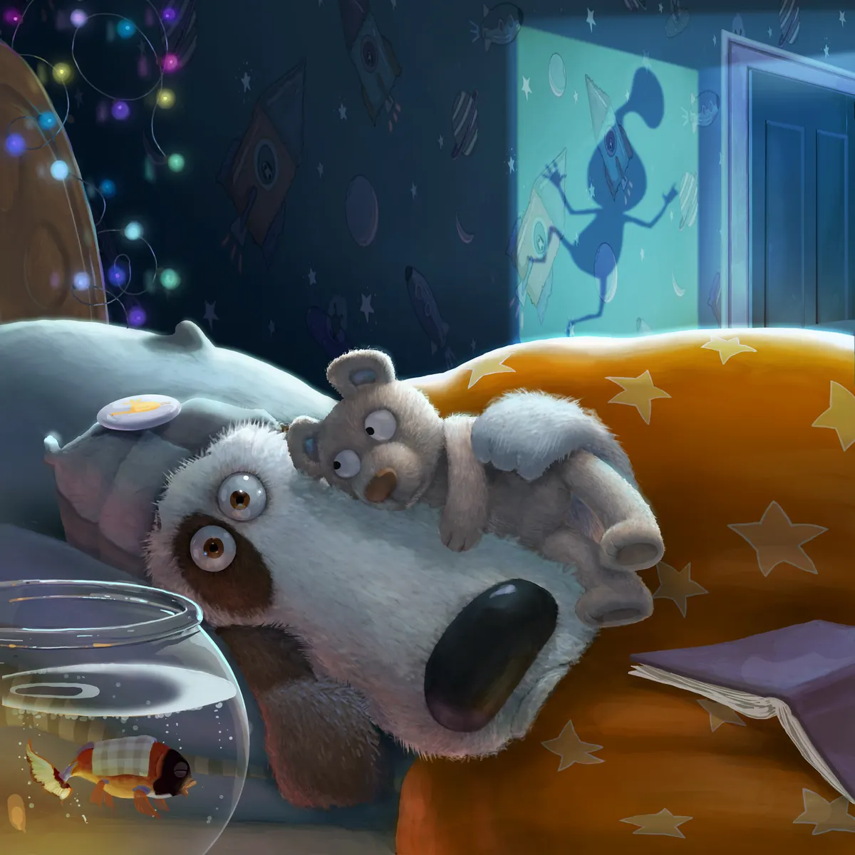 Max asleep on his star-covered bed hugging Mr Ted