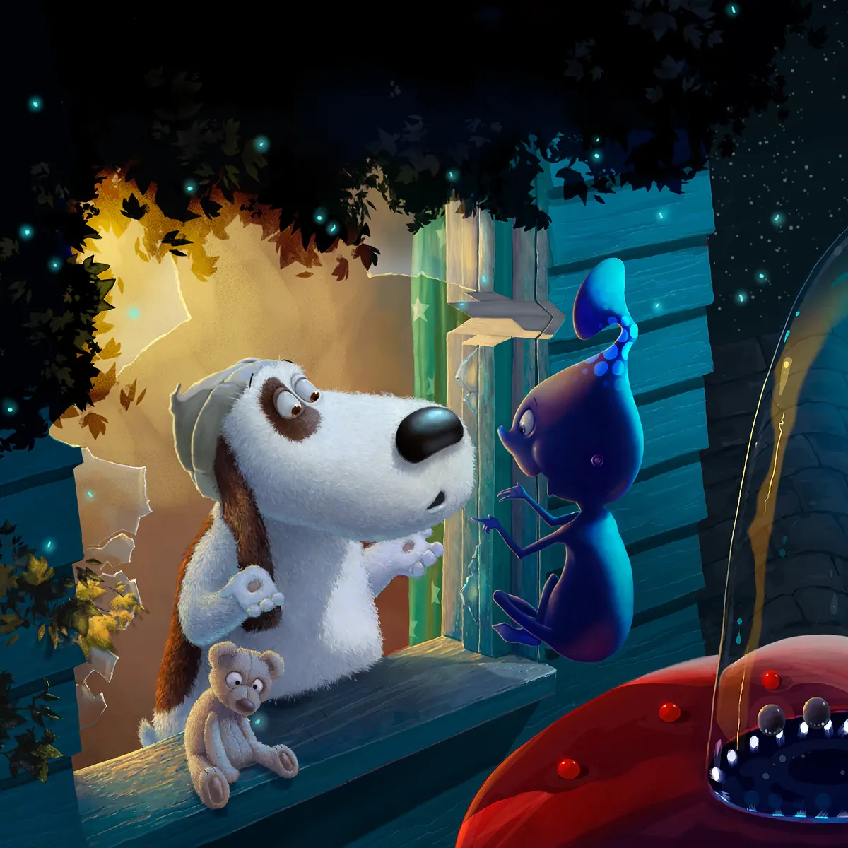 Max at his bedroom window meeting Moonbean, with Mr Ted on the sill