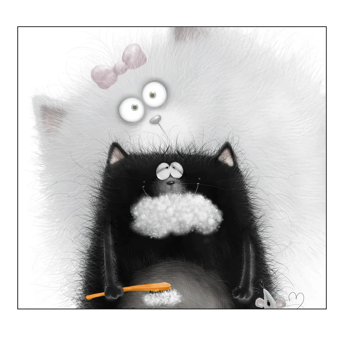 Kitten, a white fluffy cat with a bow, and Splat