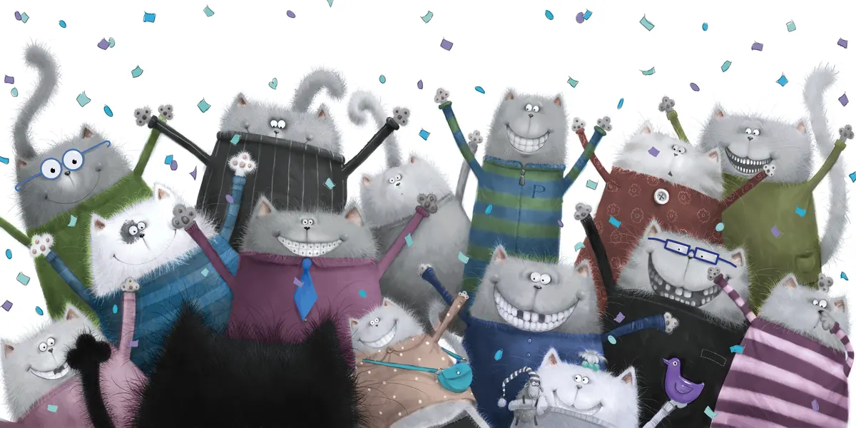 A crowd of cats cheering under confetti