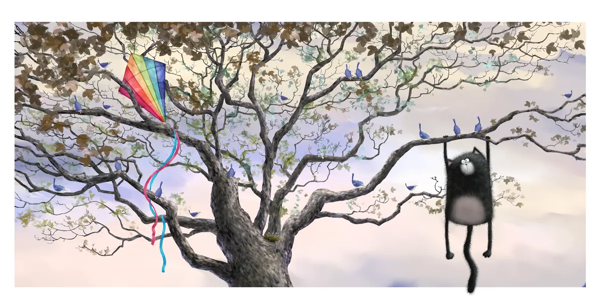 Splat hanging from a tree with a kite