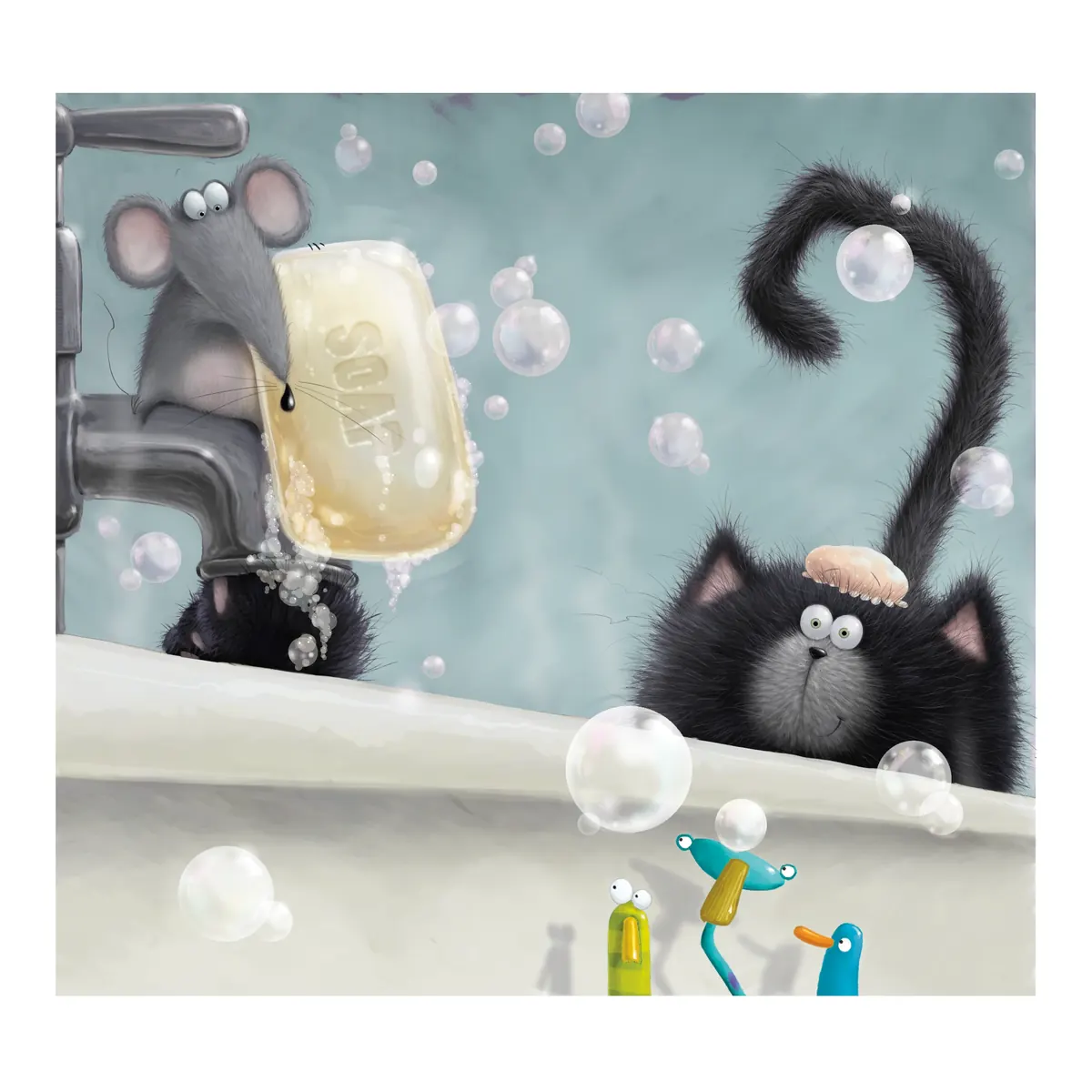 Splat in a bath full of bubbles with Seymour on the tap