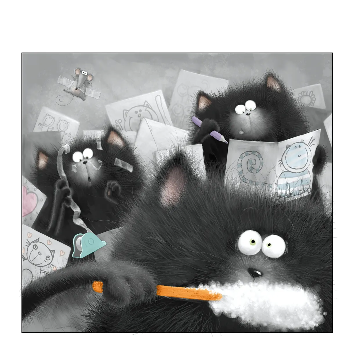 Splat brushing his teeth in a mirror full of cats