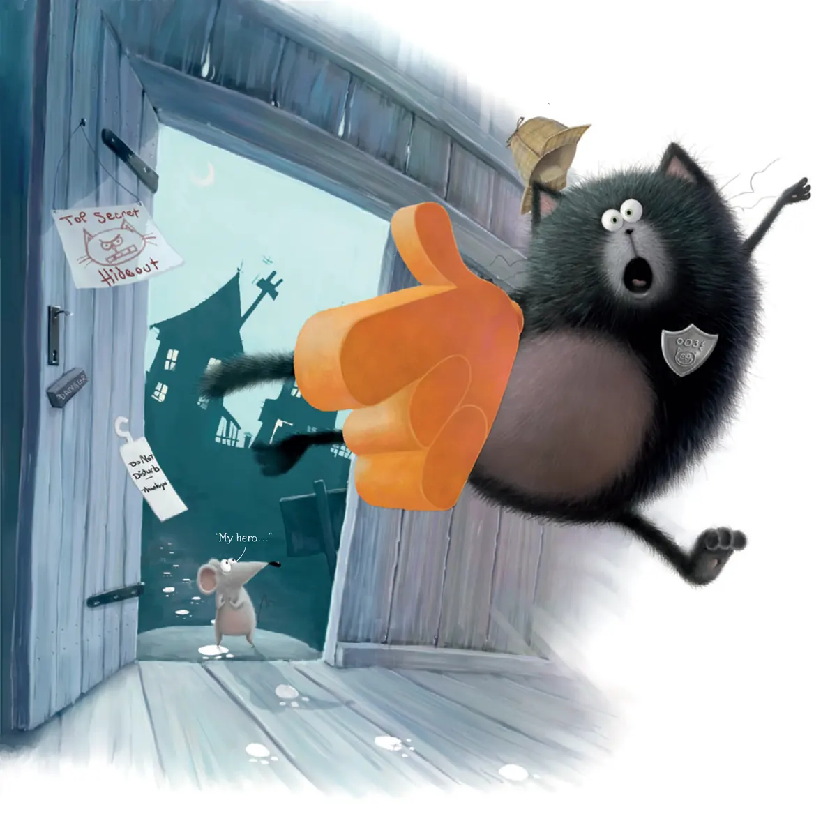 Splat bursting through the doorway