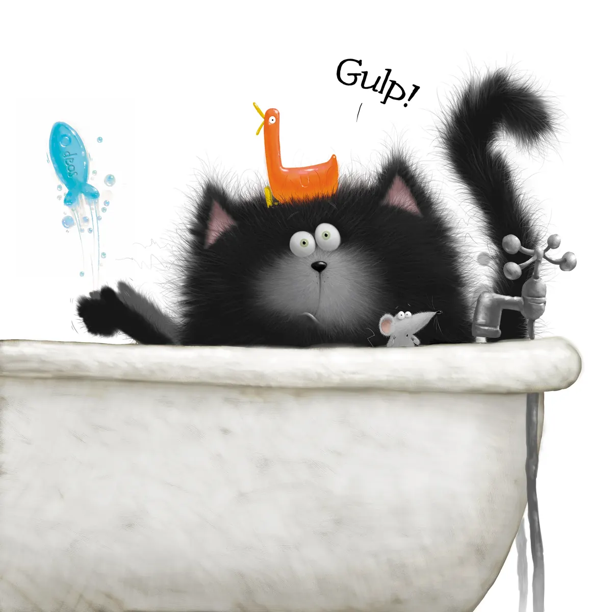 Splat in the bath wearing a rubber duck on his head