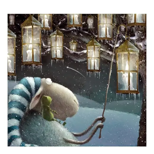 Russell carrying Frankie past glowing lanterns in the snow