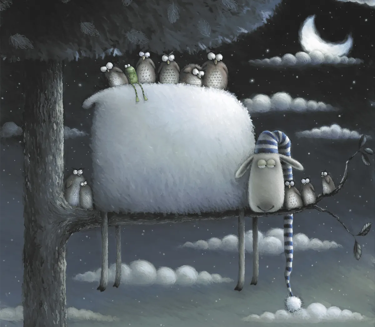 Russell the Sheep asleep on a branch with the birds, under a crescent moon