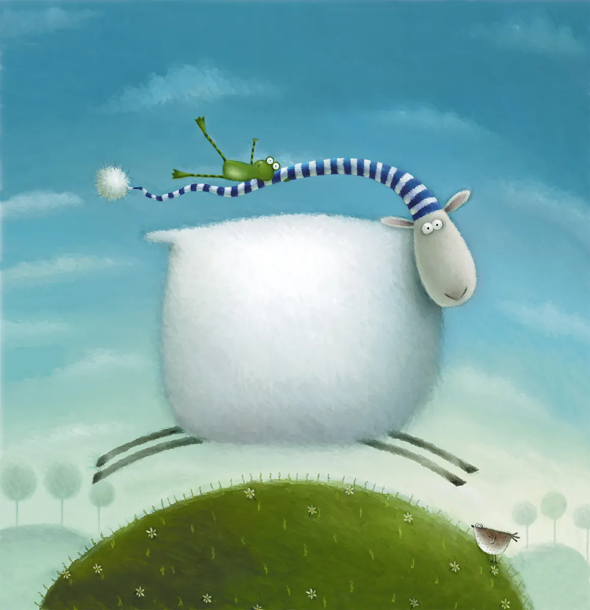 Russell the Sheep leaping over a green hill with Frankie the frog riding on his hat