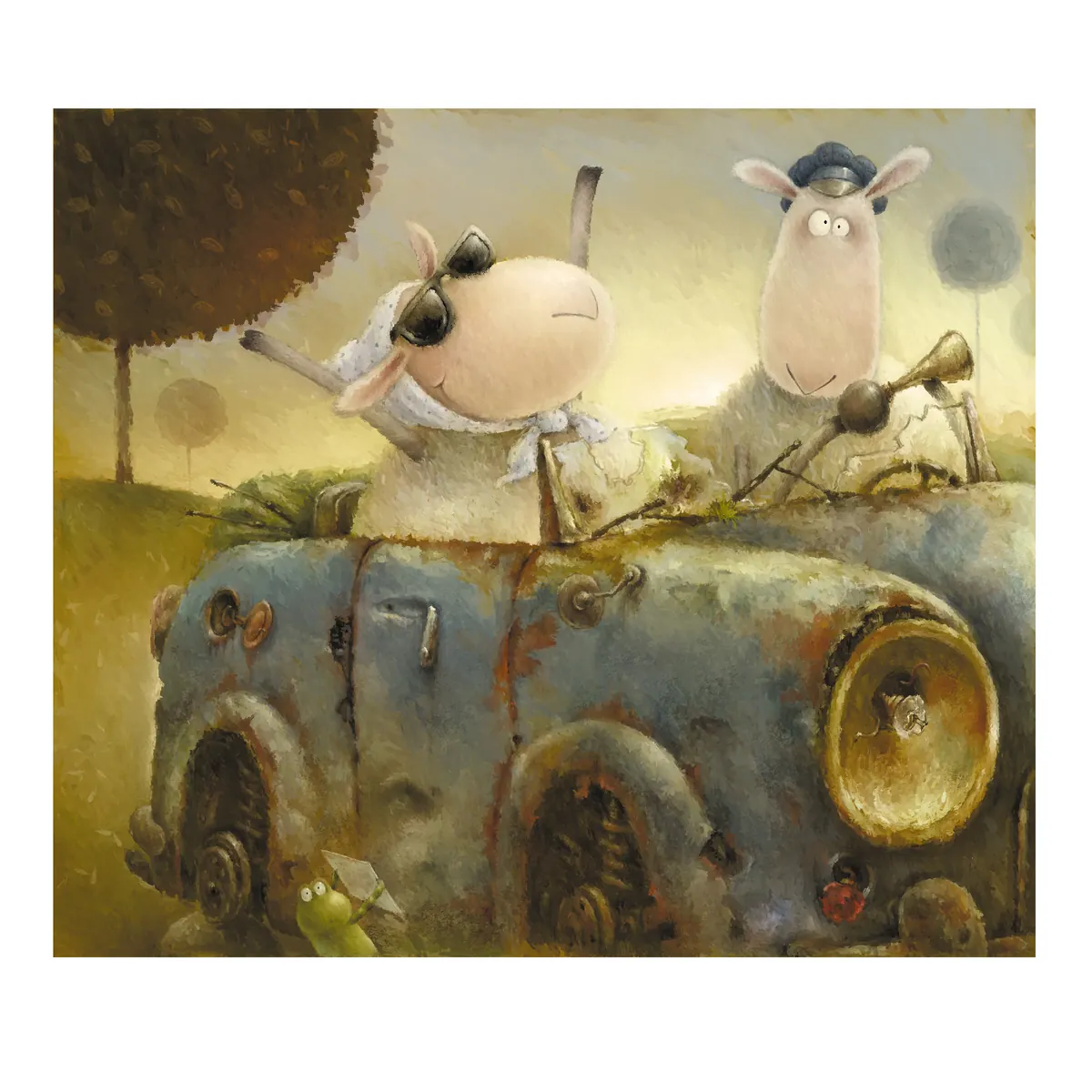 Two sheep in sunglasses riding in a battered old car