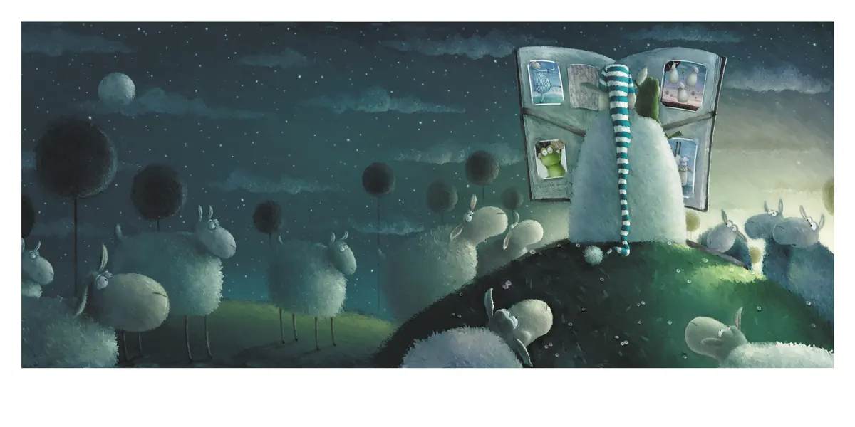Russell on a hilltop at night with the flock gathered below
