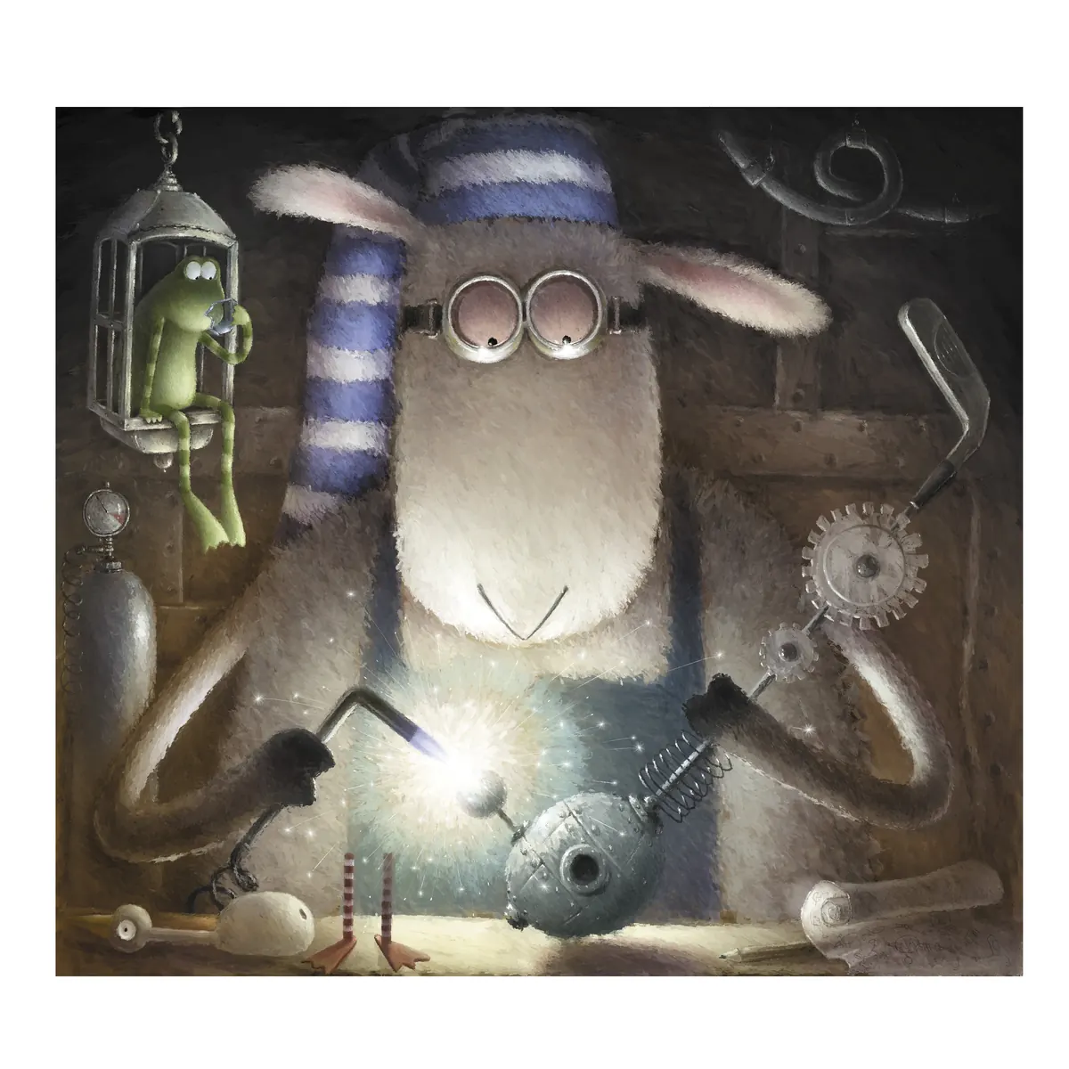 Russell in goggles welding a gadget while Frankie sits in a lantern