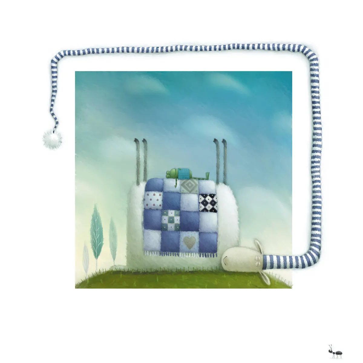 Russell asleep under a patchwork quilt, his long striped hat framing the picture