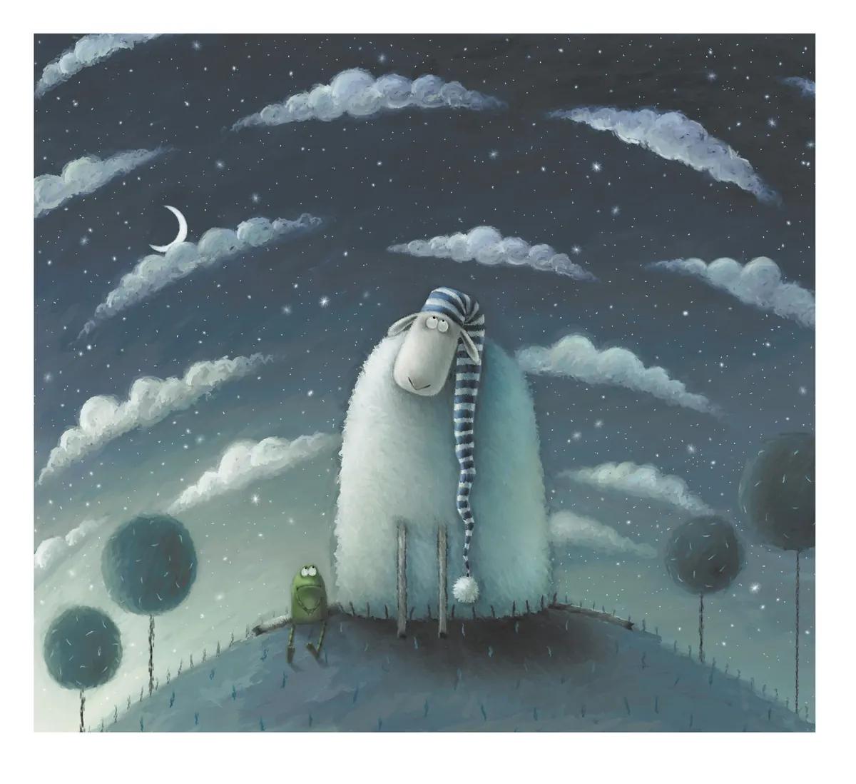 Russell sitting on a hill under a night sky with Frankie