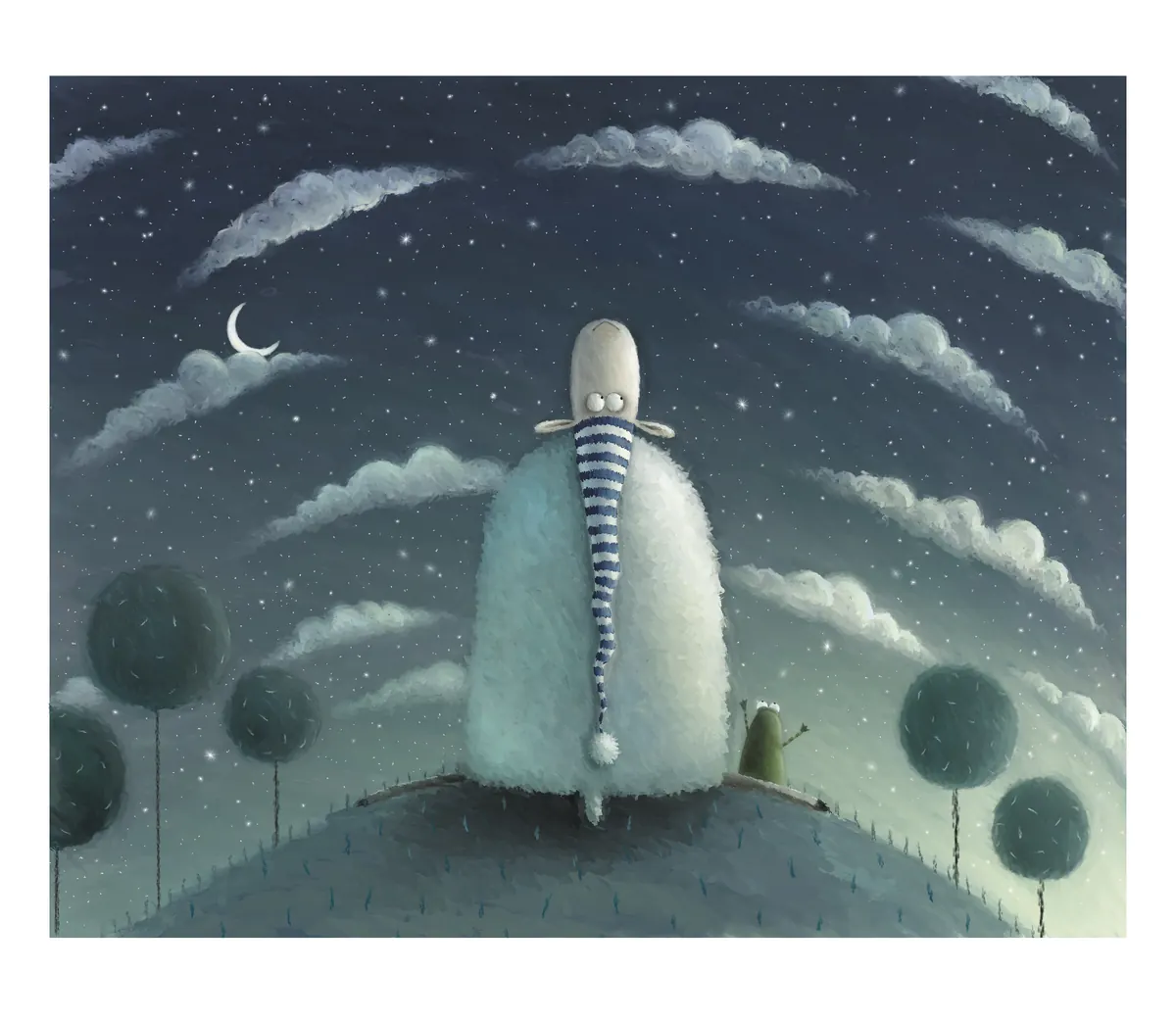 Russell seen from behind, gazing at the night sky