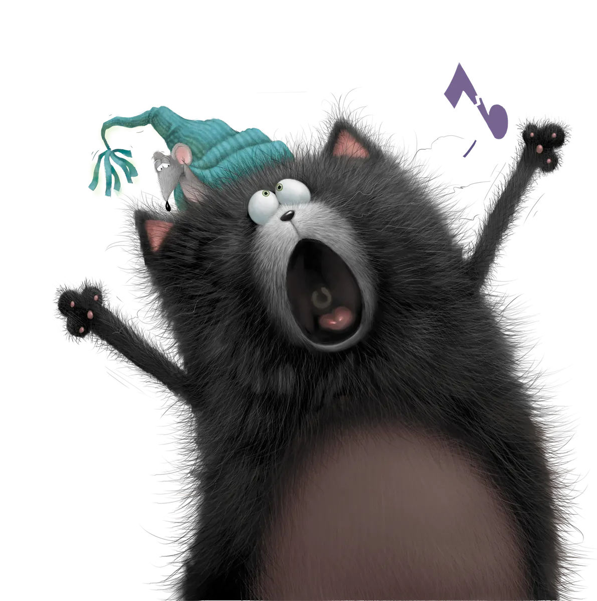 Splat the Cat, arms up, singing his heart out