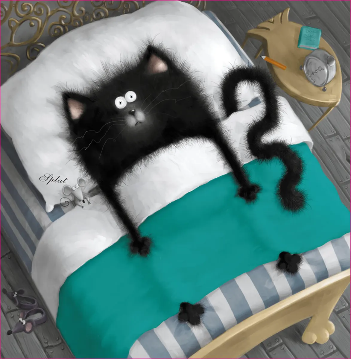 Splat lying in bed with his tail wiggling wildly in the air